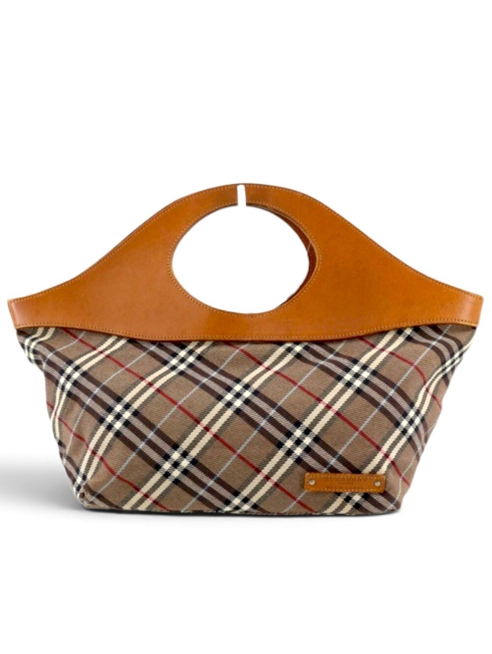 Burberry Nova Check Classic Plaid Hand Bag Tote Satchel with Tan Leather Trim